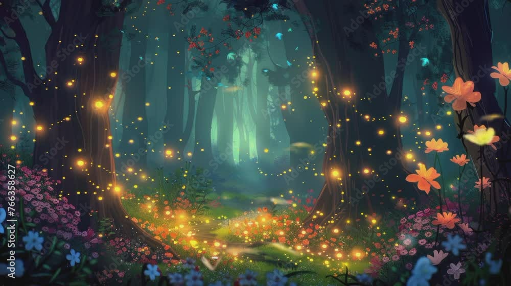 Fantasy Background with Forest, Blooming Path, and Moonlight seamless looping time-lapse virtual 4k video animation background. Fantasy Background with Forest, Blooming Path, and Moonlight seamless looping time-lapse virtual 4k video animation background.