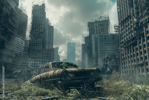 Post apocalypse, futuristic dead city without people with old car and abandoned skyscrapers