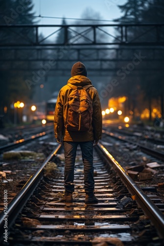 A man stands alone on train tracks at night, waiting for an oncoming train. The dark setting enhances the sense of urgency and danger in the scene