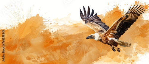  A painting of an eagle in flight with splattered orange and yellow paint on its wings © Wall