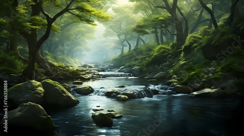 A serene forest clearing with a crystal-clear stream flowing through it  surrounded by lush greenery.