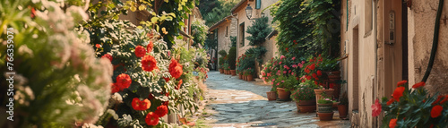 A village path lined with flowers, each step a way to discover beauty. A picturesque stroll