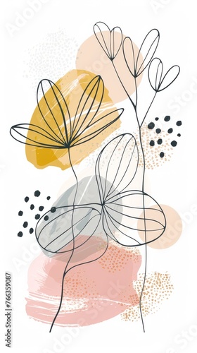 Abstract minimalistic scandinavian botanical art with warm color tones. A delicate composition of floral and foliage elements intertwined with abstract warm colored shapes and subtle brushstrokes