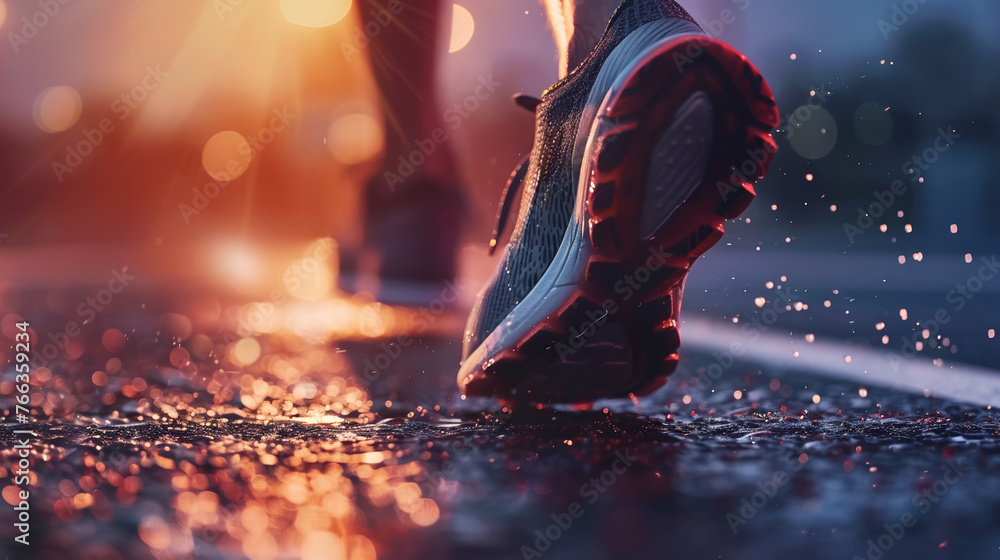 Athlete's foot close-up, kicking off the starting block at dawn, determination and power in every run - obrazy, fototapety, plakaty 