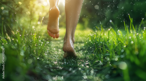 Barefoot running through grass, close-up on feet with morning dew, freedom and natural running concept
