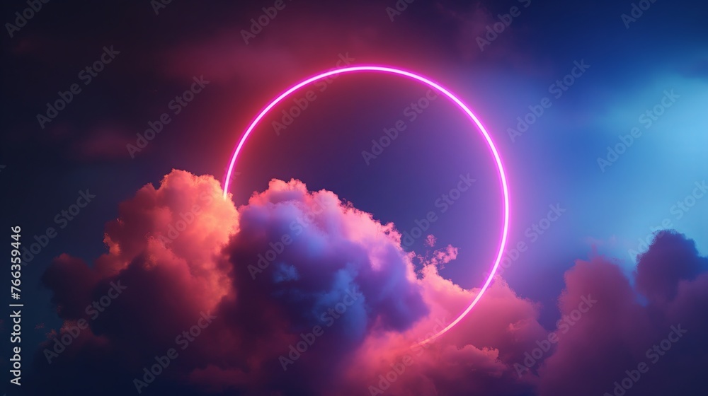 abstract cloud illuminated with neon light ring on dark night sky. Glowing geometric shape, round frame