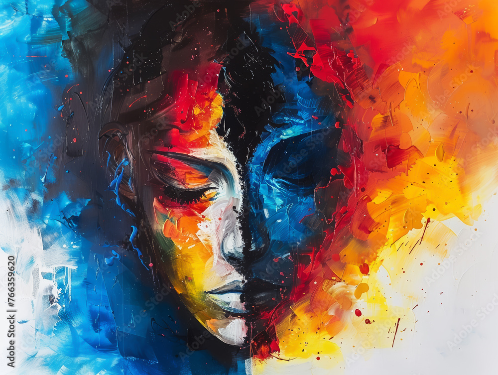 A swirl of intense colors envelopes a face, merging empathy with chaos.