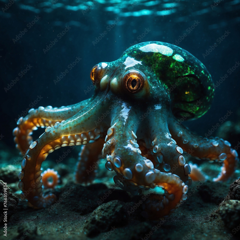 Majestic Giant Pacific Octopus in its Underwater Habitat Majestic Giant Pacific Octopus in its Underwater Habitat