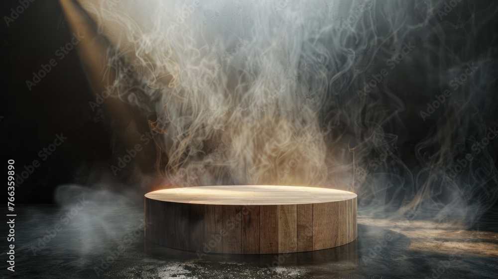 Highlighted wooden podium in smoky room - A solitary wooden podium highlighted by a warm spotlight amidst swirling smoke in a dramatic setting