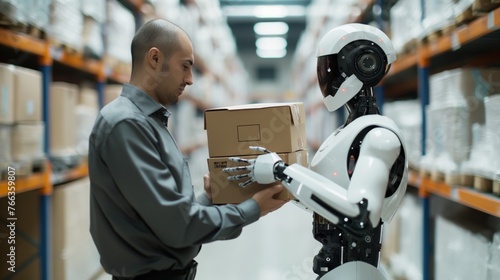 Man receiving a package from a robot in a high-tech warehouse