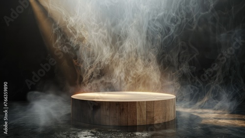 Highlighted wooden podium in smoky room - A solitary wooden podium highlighted by a warm spotlight amidst swirling smoke in a dramatic setting