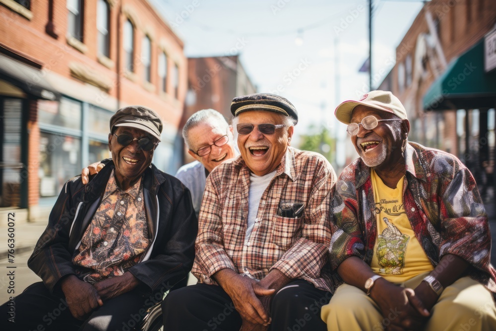 A group of elderly men are seated next to each other on stoops, engaged in conversation or simply enjoying each others company. They appear relaxed and content in each others presence