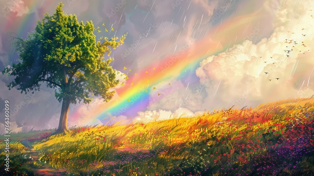 Golden field with rainbow and tree in dreamy light - An enchanted view ...