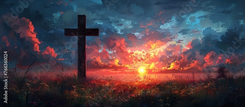 view of wooden cross on mountain top at sunset