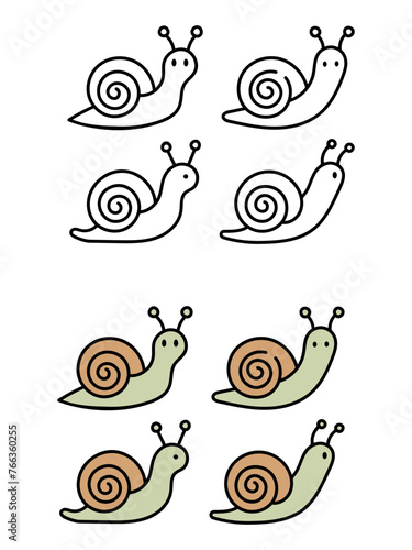 DRAWING OF LAND SNAILS, WITHOUT COLOR AND IN COLORS, SVG
