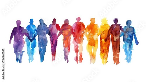 Colorful crowd of abstract watercolor silhouettes - A diverse group of silhouettes in watercolor hues representing human connection and togetherness