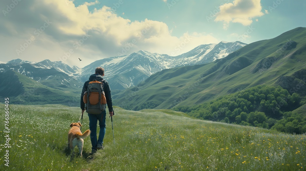 Fototapeta premium A man and a dog hiking in beautiful mountain landscape, man with tourist backpack hiking on spring wild field together with a dog. The concept of the campaign, hiking , spring traveling and nature