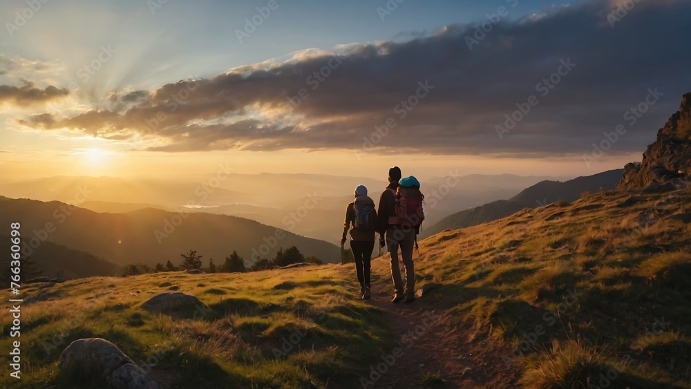 Couple hiking in the mountains at sunset. 
