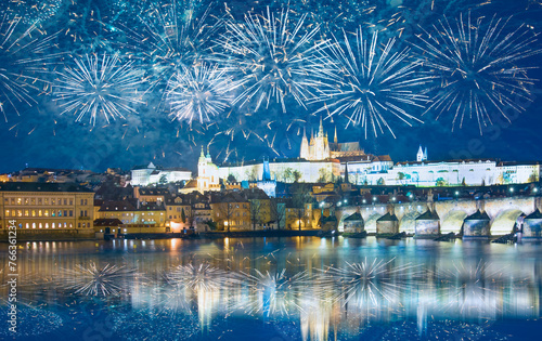Sticker Christmas fireworks - Prague Castle and Charles Bridge - Prague, Czech Republic