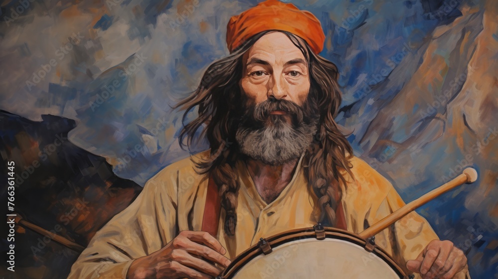 A man with a beard and a red hat is playing a drum