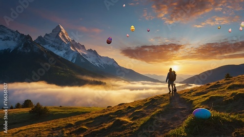 Hiker with bicycle and colorful hot air balloons at sunset in the mountains