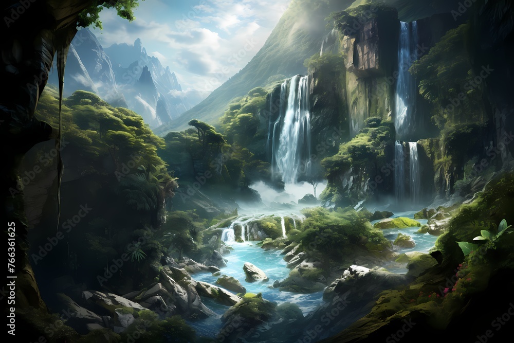 A picturesque waterfall flowing through a hidden mountain valley, surrounded by a sea of lush greenery