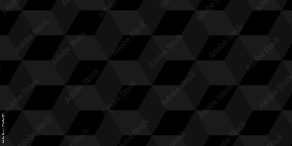 Abstract cubes geometric tile and mosaic wall or grid backdrop hexagon technology wallpaper background. Black and gray geometric block cube structure backdrop grid triangle texture vintage design. - obrazy, fototapety, plakaty 