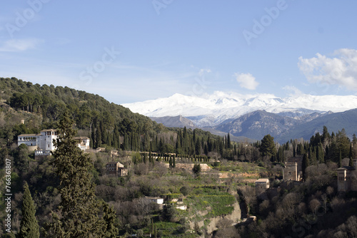 Alhambra and Sierra Nevada Mountains in background, Granada, Spain