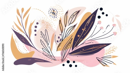 Abstract minimalistic scandinavian botanical art with warm color tones. A delicate composition of floral and foliage elements intertwined with abstract warm colored shapes and subtle brushstrokes