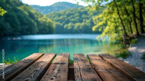 Wooden Tabletop Plank Overlooking Blurred Plitvice Lakes Generative AI