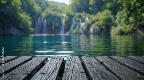Wooden Tabletop Plank Overlooking Blurred Plitvice Lakes Generative AI © Alex