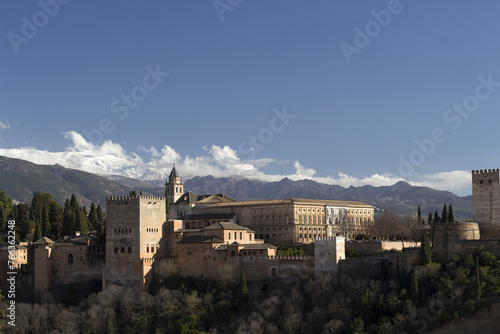 Alhambra and Sierra Nevada Mountains in background  Granada  Spain