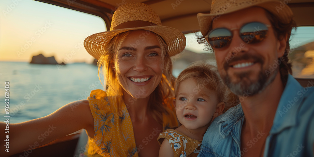 Happy family of three enjoying summer vacation in the car on the beach