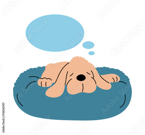 A domestic dog spaniel sleeps on a pillow. Bubble for text. Pet friend. Cute animal. Vector flat illustration isolated on white background