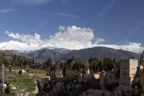 Alhambra and Sierra Nevada Mountains in background, Granada, Spain
