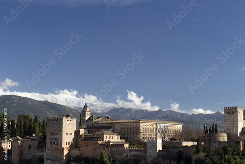 Alhambra and Sierra Nevada Mountains in background, Granada, Spain
