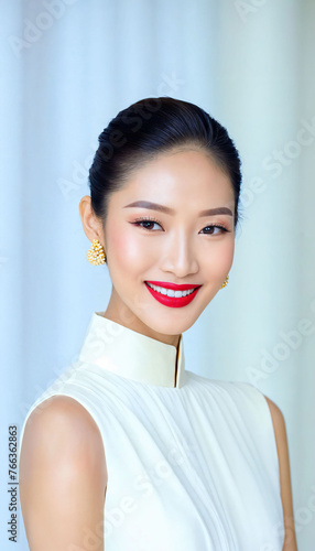 Thai woman wearing a white dress and red lipstick, She is smiling and posing for the picture, generative AI