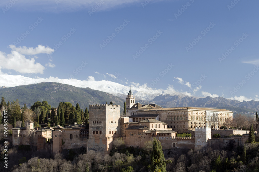 Alhambra and Sierra Nevada Mountains in background, Granada, Spain