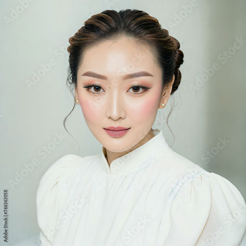 Thai beautiful woman wearing a white dress and has her hair in a bun. The woman appears to be beautiful and elegant in her attire., generative AI