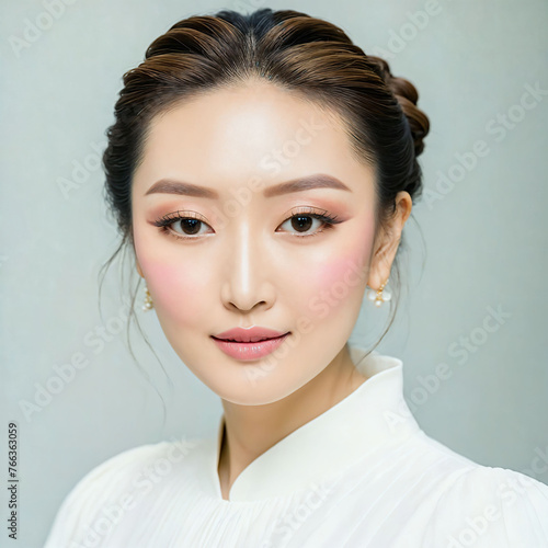 Thai beautiful woman wearing a white dress and has her hair in a bun. The woman appears to be beautiful and elegant in her attire., generative AI