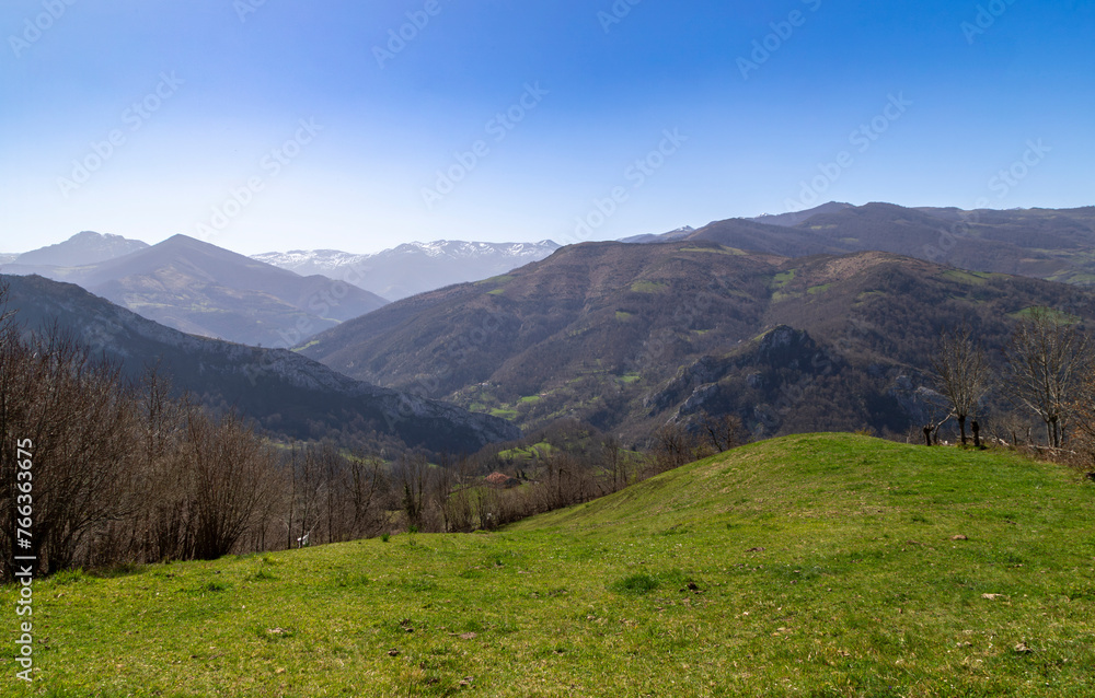 Wonderful landscape of the route to Peña Mea, a classic Asturian mountain peak. Aller, Laviana, Spain.