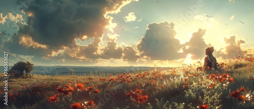  A person enjoying the sunrise in a field of flowers with a nearby tree in the distance