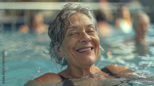 Lively Senior Women Enjoying Water Aerobics at a Public Swimming Pool Generative AI © Alex