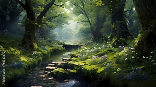 A peaceful forest glen with a carpet of soft moss and wildflowers  creating a serene and picturesque scene.