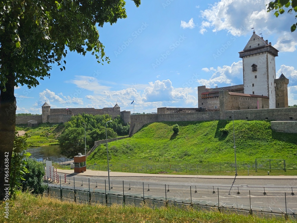 View of Narva Castle in Estonia and Ivangorod Castle in Russia separated by the border