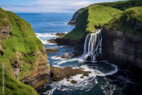 A panoramic view of a waterfall cascading down steep cliffs, surrounded by a sea of vibrant foliage