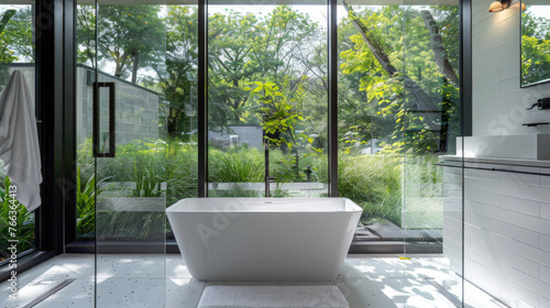 A modern bathroom with sleek white tiles, a glass-enclosed shower, and a freestanding bathtub against a backdrop of floor-to-ceiling windows © Textures & Patterns