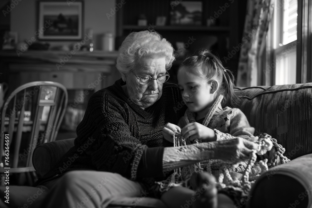 Obraz premium Grandmother Crocheting a Scarf with Granddaughter Watching on the Couch