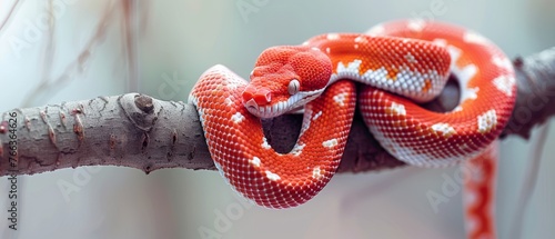 A red and white serpent atop a leaf-free tree limb adjacent to one devoid of foliage