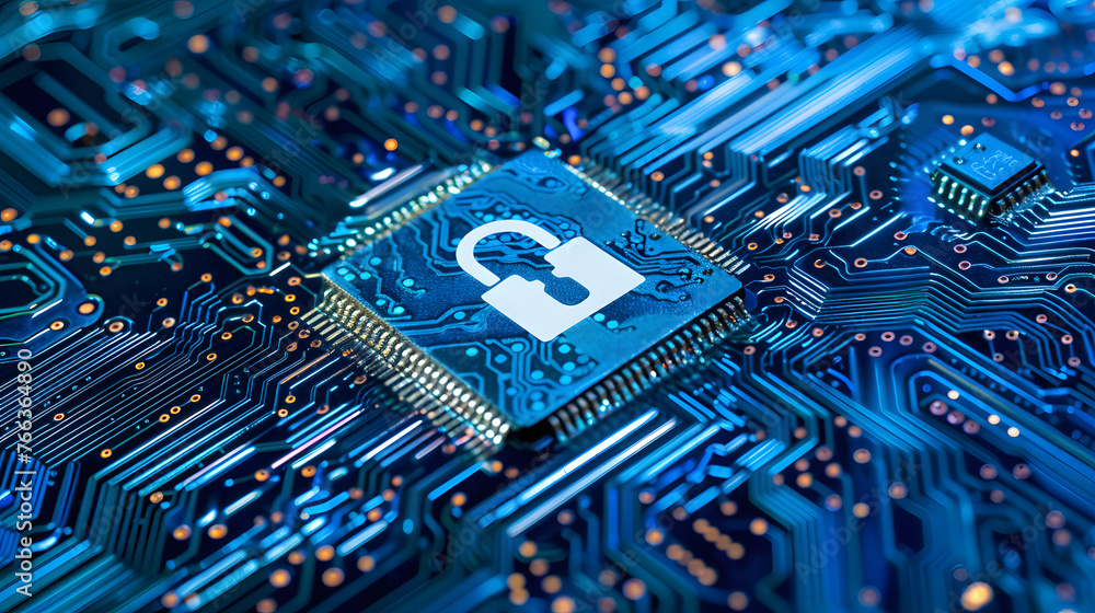 Blue circuit board closeup connected to a cpu with a glowing padlock symbol on top cybersecurity concept
